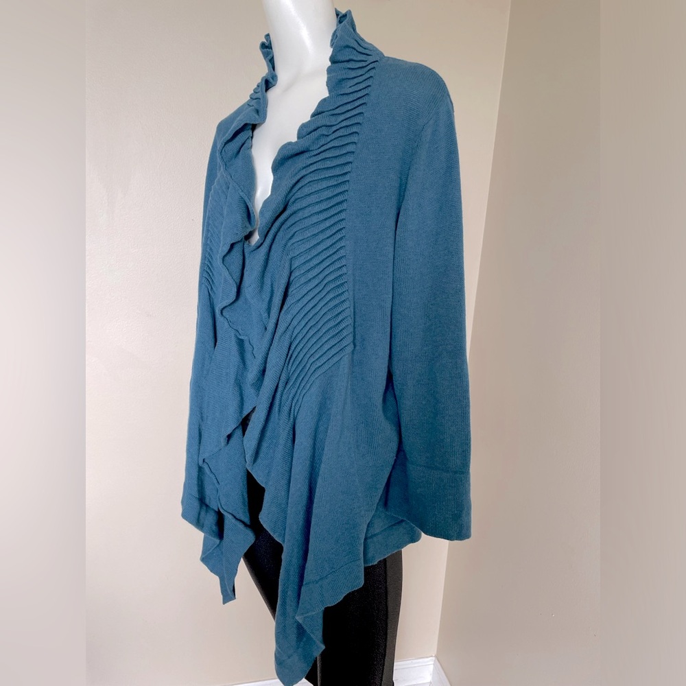 Soft Surroundings Ruffle Trim Open Front 100% Cotton Cardigan Blue Size XL - Picture 3 of 5